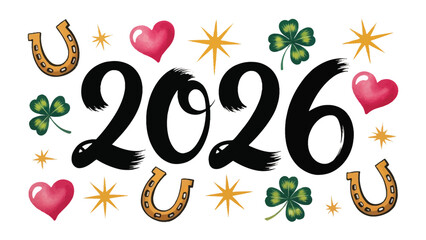Good luck for 2026: A vibrant and colorful composition, featuring the bold numerals 2026, intermingled with lucky symbols, including hearts, horseshoes, clovers, and stars.