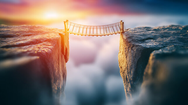 Suspension bridge cliff gap sunrise cloud hope ambition success financial growth. Suspension bridge over cliff gap above cloud sunrise, symbol of ambition and success, inspiring financial growth