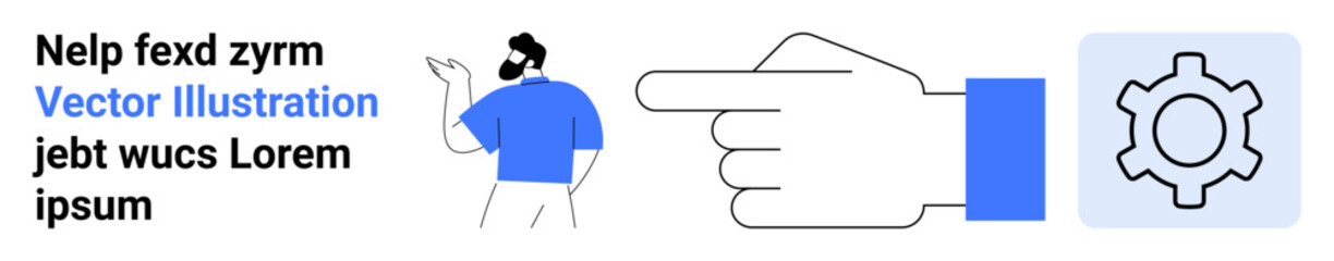 Man waving casually in blue outfit alongside giant pointing hand and gear icon symbolizing direction, teamwork, and productivity. Ideal for guidance, teamwork, instruction, workflow, service