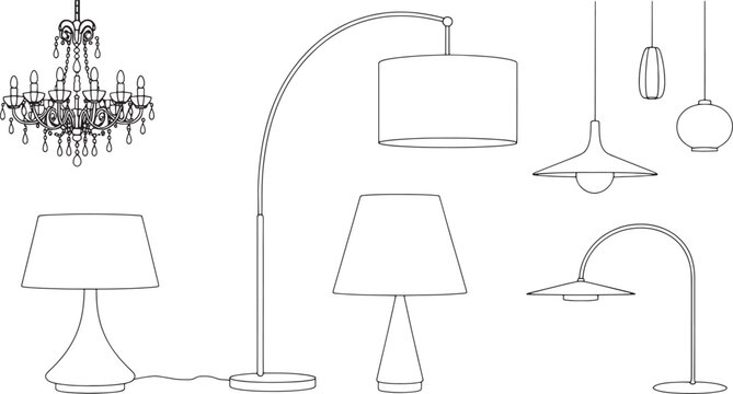 A collection of line drawing illustrations of various lamps and lighting fixtures chandelier table lamp