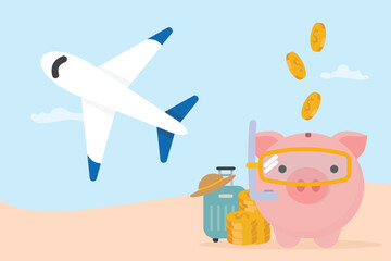 Piggy bank on tropical beach with suitcase, stacks of coin and airplane. Concepts saving money for traveling, financial management, vacation budget, travel jar, retirement investment vector illustrati