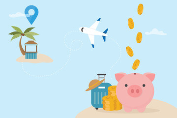Piggy bank on tropical beach with suitcase, stacks of coin and airplane. Concepts saving money for traveling, financial management, vacation budget, travel jar, retirement investment vector illustrati