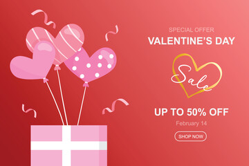 Valentine's day sale. Gift box and heart balloon and ribbon concepts Valentine promotion, e-business marketing, special offer, advertising campaign vector illustration.
