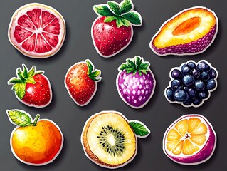 Watercolor Stickers of Diverse Fruits on Dark Background, Artistic and Vibrant