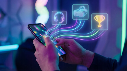 Mobile gaming entertainment concept with smartphone projecting VR headset trophy and headphones hologram icons in neon purple lighting