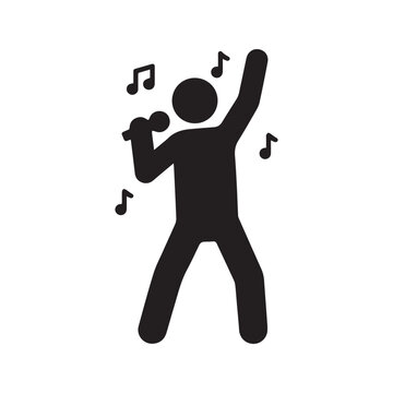 Singing person icon with microphone and musical notes. Silhouette vector illustration of a vocalist performing a song or karaoke isolated on white background.
