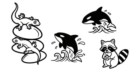Black and white animal illustrations orca lizard raccoon vector graphics © Hai