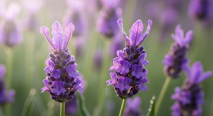 Obraz premium Close-up of vibrant purple lavender flowers blooming in a sunny field.