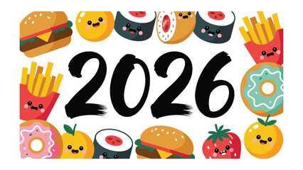 Countdown to the Future: A playful composition of animated food items creates a cheerful, delicious framing for the bold numerals of the year 2026.