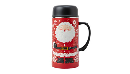 Festive red travel mug featuring a cheerful Santa Claus design with falling snow perfect for holiday drinks