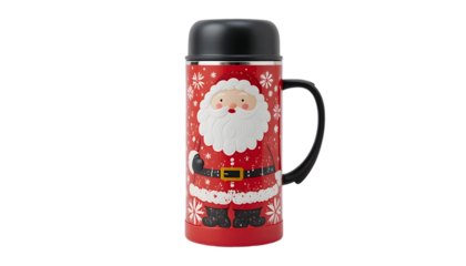 Festive red travel mug featuring a cheerful Santa Claus design with falling snow perfect for holiday drinks