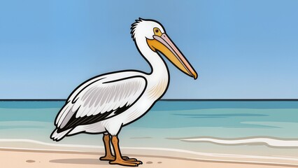 Cartoon Pelican Standing on Beach by the Sea