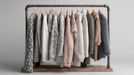 Clothes rack with multiple rows of sweaters hanging on wooden hangers. the rack is made of metal pipes and has a wooden base.