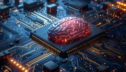 Glowing brain atop CPU on motherboard—yellow-orange light, circuitry detail—symbolizing intelligence, integration, and the neural rhythm of machine learning, cognition, and digital evolution.