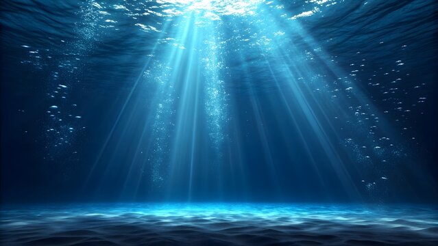 Stunning underwater sun rays pierce deep blue ocean illuminating sandy seabed with rising air bubbles