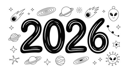 The Year 2026: An illustrated representation of the year 2026 is surrounded by celestial objects, hinting at a future filled with wonder, exploration, and the boundless possibilities of the cosmos.