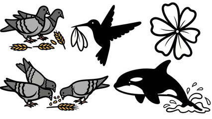 Black and white illustrations of birds flower and marine mammal icons