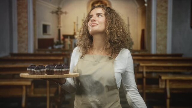 Woman holding wooden tray of chocolate muffins, hand visible, inside a church building; serenity offering.