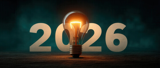 Business concept 2026 idea light bulb glowing on dark floor inspiring future innovation and optimism