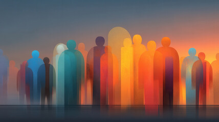 Business concept crowd of colorful abstract people silhouettes glowing in warm light creating collaborative atmosphere