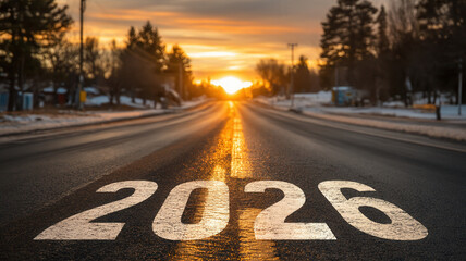 Business concept sunrise on empty road with painted 2026 marking and soft snow creating hopeful new year atmosphere