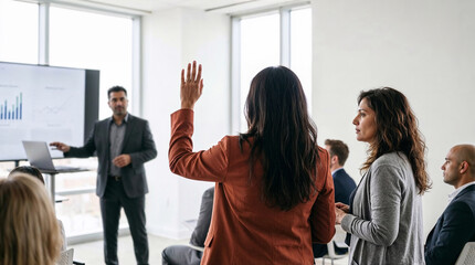 Engaged woman raises hand to ask question in modern business meeting