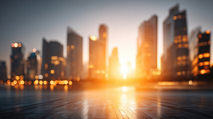 Fototapeta premium City skyline business concept sunrise with empty polished plaza and warm light creating inspiring urban atmosphere