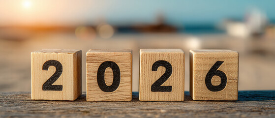 Business concept wooden calendar blocks showing 2026 on beach at sunset warm inspirational scene