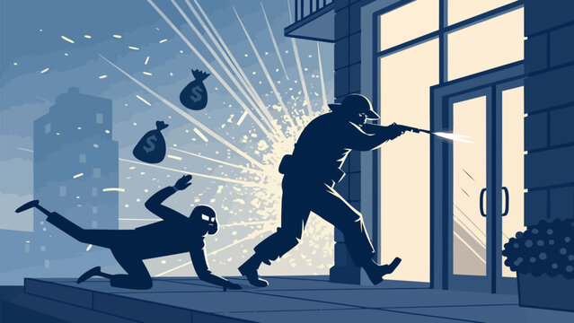 Dynamic police confrontation during nighttime bank robbery escape with falling money bags