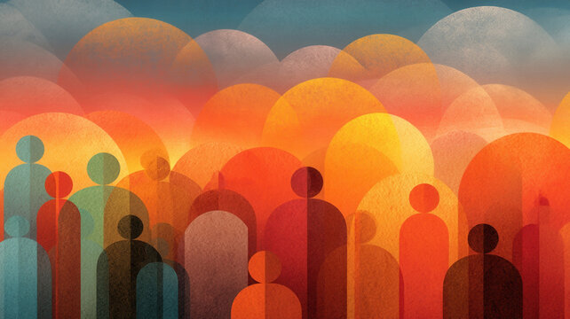 Community crowd business concept abstract warm gradient gathering silhouettes in sunset mood creating hopeful atmosphere