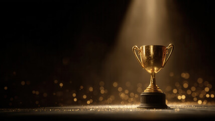 Gold trophy business concept celebrating success and achievement spotlight with glittering bokeh lights and victory emotion
