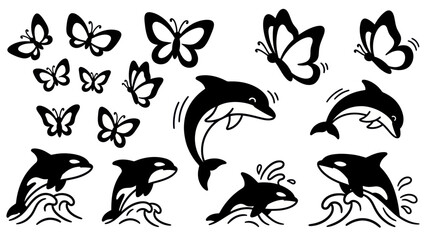 Black and white vector illustration of dolphins and butterflies elements