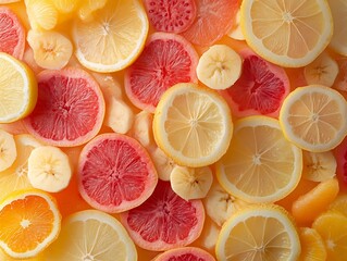 Fototapeta premium Vibrant citrus medley featuring lemons, grapefruit, oranges, and banana slices