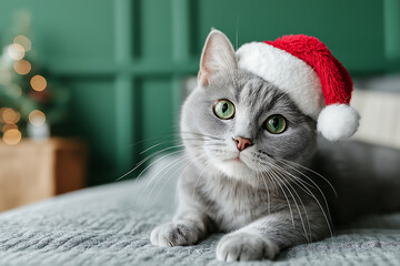 Grey tabby cat wearing a Santa hat, posing indoors with a green background and blurry Christmas tree lights, creating a cozy holiday atmosphere for a winter celebration