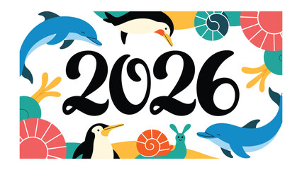 Naklejka premium New Year's Celebration for 2026: An eye-catching illustration of the upcoming year, adorned with playful aquatic creatures, symbolizes fresh starts and the promise of a bright future.