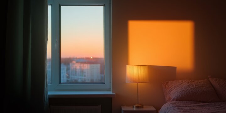 Sunset light casts warm glow through a bedroom window, creating a cozy atmosphere with a softly lit bedside lamp. - Powered by Adobe