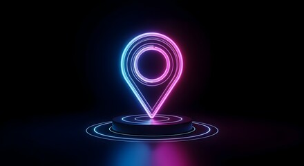 Neon Location Pin Icon on Dark Background with Glowing Rings.