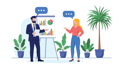Professional business presentation scene with male and female colleagues discussing colorful data charts, bar graphs, and pie charts in a modern office with plants and speech bubbles