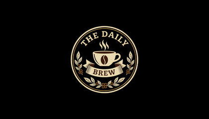 Fototapeta premium Vintage Coffee Shop Logo Badge with Cup, Beans, and Laurel Elements on Black Background