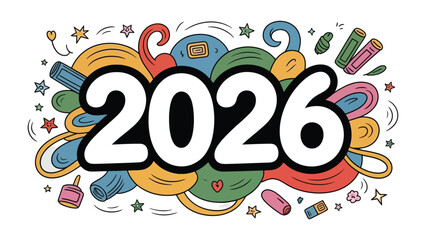 Year 2026 Illustration: Playful graphic that captures the excitement of the upcoming year, with dynamic shapes and a lively color palette, representing future prospects and the dawn of a new era.