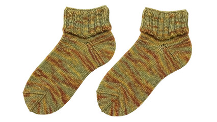 Isolated pair of handmade warm socks in natural wool pattern with turn-down cuff, fashion item