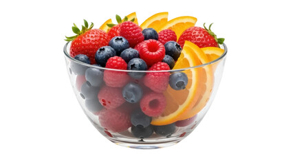 Isolated healthy bowl of fresh fruit, raspberries, strawberries, blueberries, and oranges