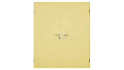 Isolated symmetrical door set in light yellow shade with handles and lock feature indoors