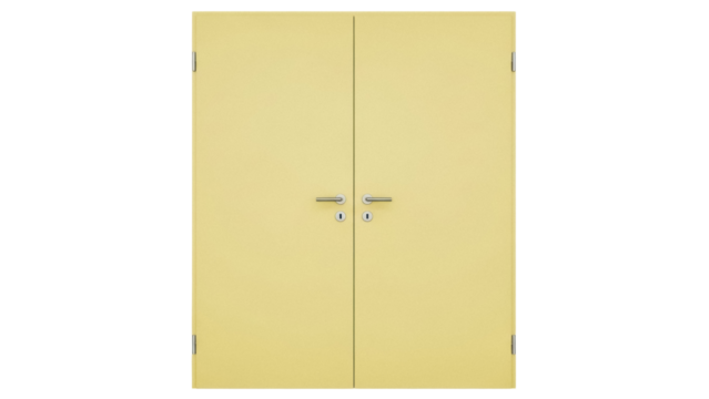 Isolated symmetrical door set in light yellow shade with handles and lock feature indoors - Powered by Adobe