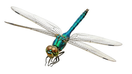 Isolated dragonfly insect with transparent wings, iridescent green thorax, and large eyes