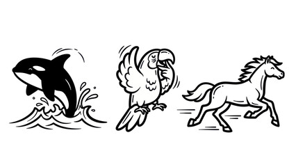 Black and white illustrations of orca dolphin parrot and horse animals