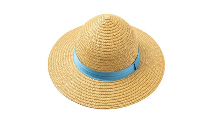 Isolated woven straw sun hat with blue ribbon, classic beach summer vacation headwear item