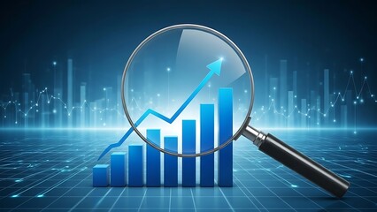 Blue Bar Graph Arrow and Magnifying Glass on Grid Background