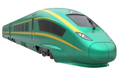 Naklejka premium Isolated view of a high speed train, sleek green exterior with gold stripes, streamlined shape