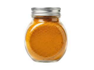 Isolated jar with turmeric powder, a popular spice used in many kitchens and recipes